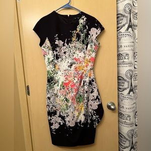 Teri Jon by Rickie Freeman Sheath Dress, Black & Colorful Graphic Print, Size 4